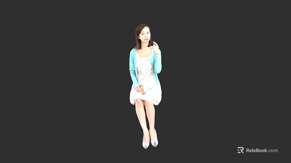 Woman Wearing Light Blue Cardigan And White Dress Sitting In Black Background Holding Item 3d model 