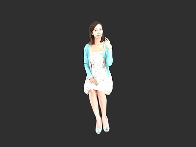 Woman Wearing Light Blue Cardigan And White Dress Sitting In Black Background Holding Item 3d model