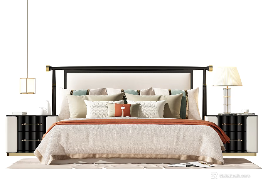 Double Bed with Black Headboard Multiple Pillows Nightstands Table Lamp and Pendant Light 3d model