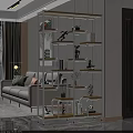 Modern Living Room Shelving Unit with Wooden Shelves Decorative Sculptures Plants and Books
