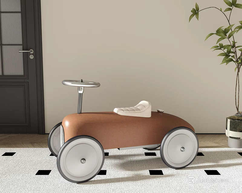 Stylish Brown Children's Toy Car With White Seat And Silver Steering Wheel On Checkered Rug 3d model 