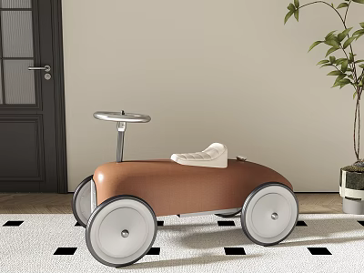 Stylish Brown Children's Toy Car With White Seat And Silver Steering Wheel On Checkered Rug 3d model