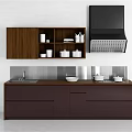 Modern Kitchen Brown Wall And Base Cabinets With Range Hood And Dishes 3d model