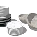 Ceramic Dinnerware Set With Stacked White Bowls And Gray Marble Plates 3d model