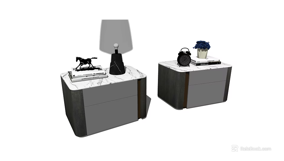 Two Modern Nightstands With Marble Top Drawers Lamp Decorative Horse Clock And Blue Flower Vase 3d model 
