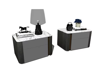 Two Modern Nightstands With Marble Top Drawers Lamp Decorative Horse Clock And Blue Flower Vase 3d model