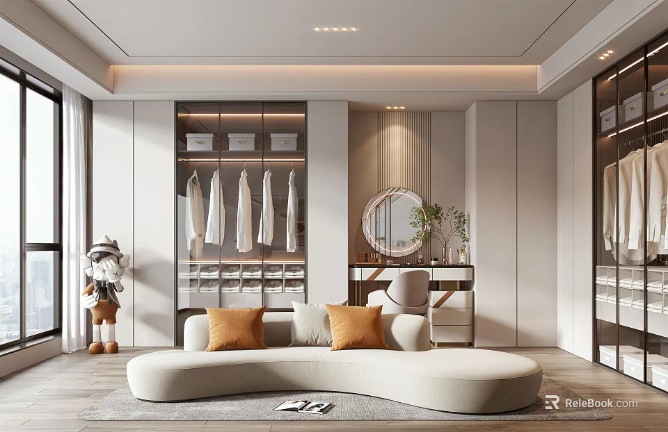 Modern Walk in Closet Interior Design With Hanging Clothes Round Mirror Seat And Cabinets 3d model 