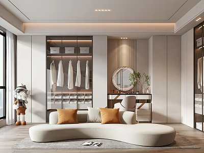Modern Walk in Closet Interior Design With Hanging Clothes Round Mirror Seat And Cabinets 3d model
