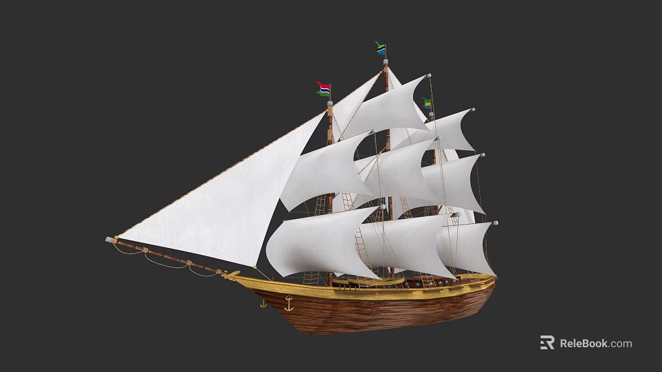 Classic Sailing Ship With White Sails Wooden Hull Multiple Masts And Colorful Flags 3d model 