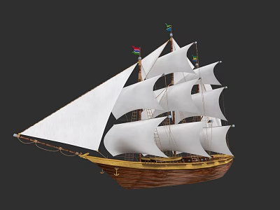 Classic Sailing Ship With White Sails Wooden Hull Multiple Masts And Colorful Flags 3d model