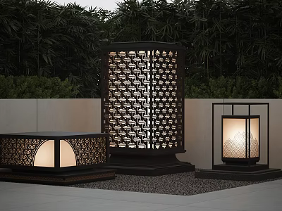 Modern Outdoor Lights With Perforated Metal Design In Garden Greenery Setting 3d model