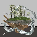 Natural Garden Ornament Featuring Small Trees Green Grass And Blue Flowing Decorations On Root Base