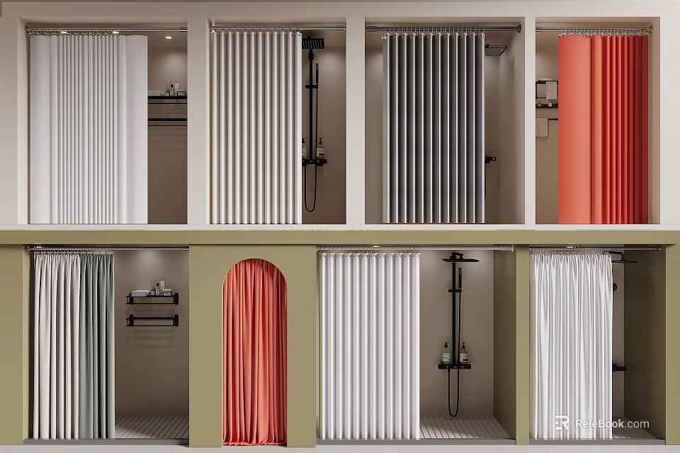 Various Styles And Colors Of Shower Curtains In Bathroom Shower Stalls 3d model 