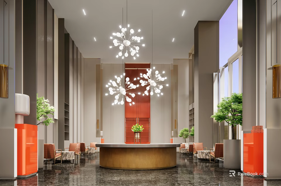 Modern Hotel Lobby Interior With Chandeliers Round Reception Desk And Green Plants 3d model 