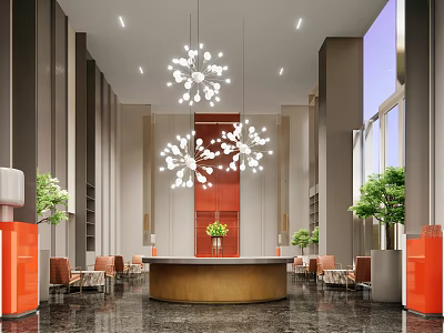 Modern Hotel Lobby Interior With Chandeliers Round Reception Desk And Green Plants 3d model