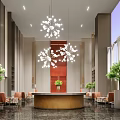 Modern Hotel Lobby Interior With Chandeliers Round Reception Desk And Green Plants