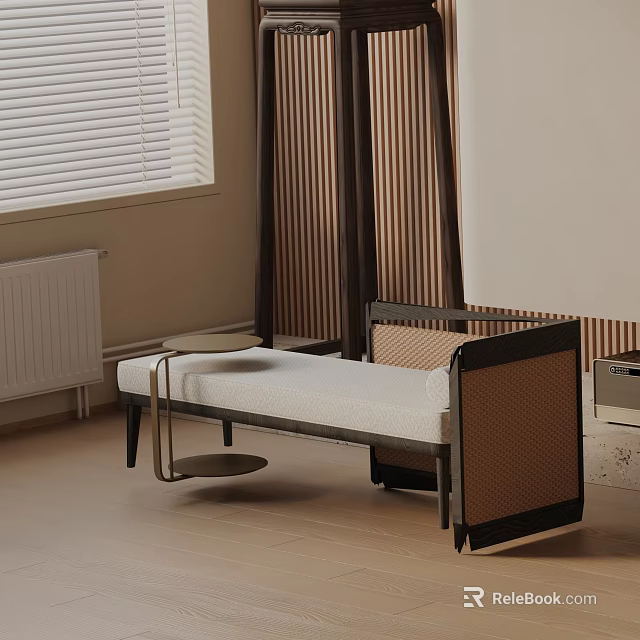 Modern Upholstered Shoe Bench with Wooden Frame and Striped Wall Background 3d model 