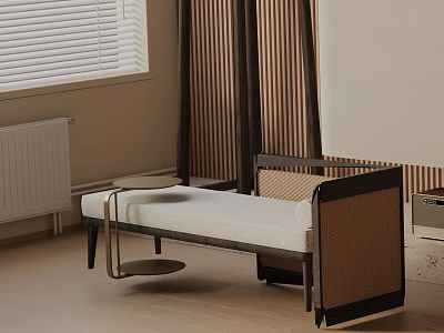 Modern Upholstered Shoe Bench with Wooden Frame and Striped Wall Background 3d model
