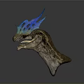 Mythical Dragon Head Sculpture With Vibrant Blue Green Horns And Open Mouth