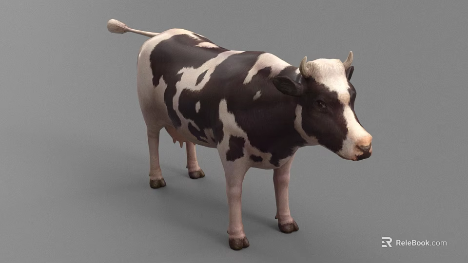 Black And White Spotted Cow Standing On Gray Background Looking Forward 3d model 