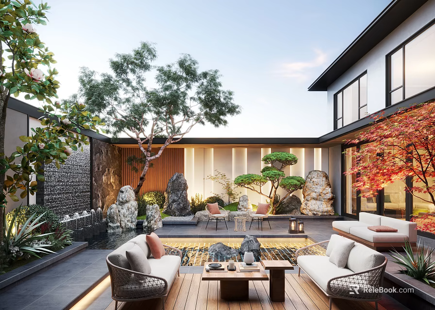 Serene Garden Courtyard With Trees Rocks Green Plants Outdoor Sofas Coffee Table And Water Feature 3d model 