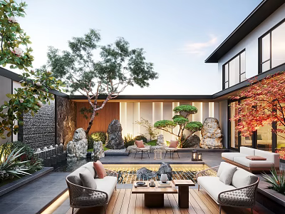 Serene Garden Courtyard With Trees Rocks Green Plants Outdoor Sofas Coffee Table And Water Feature 3d model