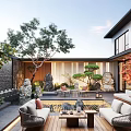 Serene Garden Courtyard With Trees Rocks Green Plants Outdoor Sofas Coffee Table And Water Feature