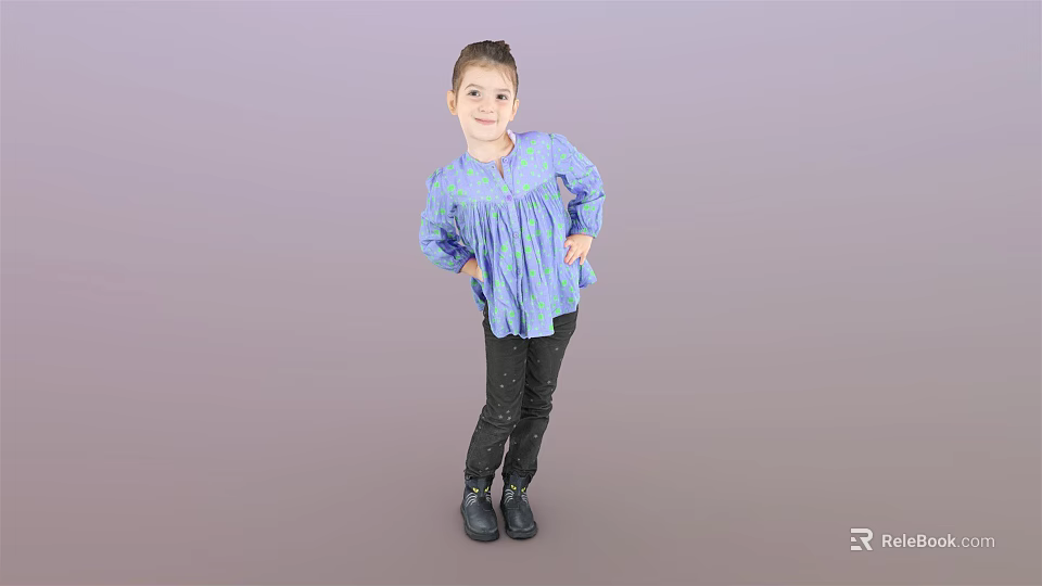 Woman in Blue Patterned Top and Black Polka Dot Pants Standing Against Purple Background 3d model 