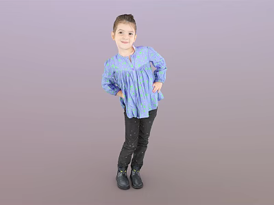 Woman in Blue Patterned Top and Black Polka Dot Pants Standing Against Purple Background 3d model