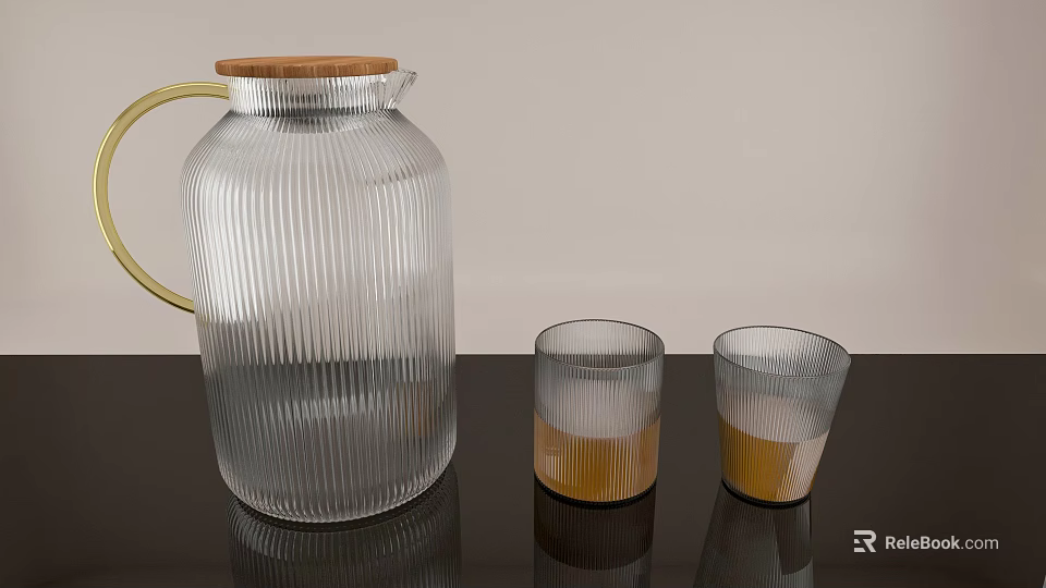 Glass Ribbed Pitcher With Wooden Lid And Yellow Liquid Cups On Black Table 3d model 
