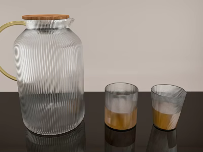 Glass Ribbed Pitcher With Wooden Lid And Yellow Liquid Cups On Black Table 3d model