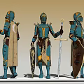 Game Movie Character Knights in Turquoise Armor Holding Swords and Shields Blue Sky Clouds