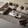 Modern Sectional Sofa Set with Beige Decorative Pillows and Marble Coffee Table in Designer Interior