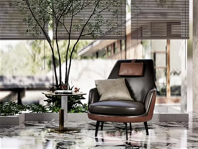 Elegant Black Leather Armchair With Gray Pillow And Small Round Table In Modern Interior 3d model