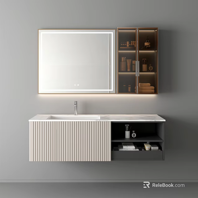 Elegant Modern Washbasin Vanity With Mirror Cabinet Marble Countertop And Storage Drawers 3d model 