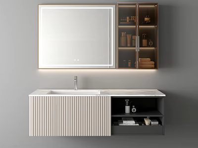 Elegant Modern Washbasin Vanity With Mirror Cabinet Marble Countertop And Storage Drawers 3d model