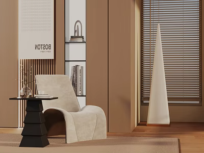 Warm Tones Accent Chair with Small Side Table in Modern Minimalist Interior and Bookshelf Blinds 3d model