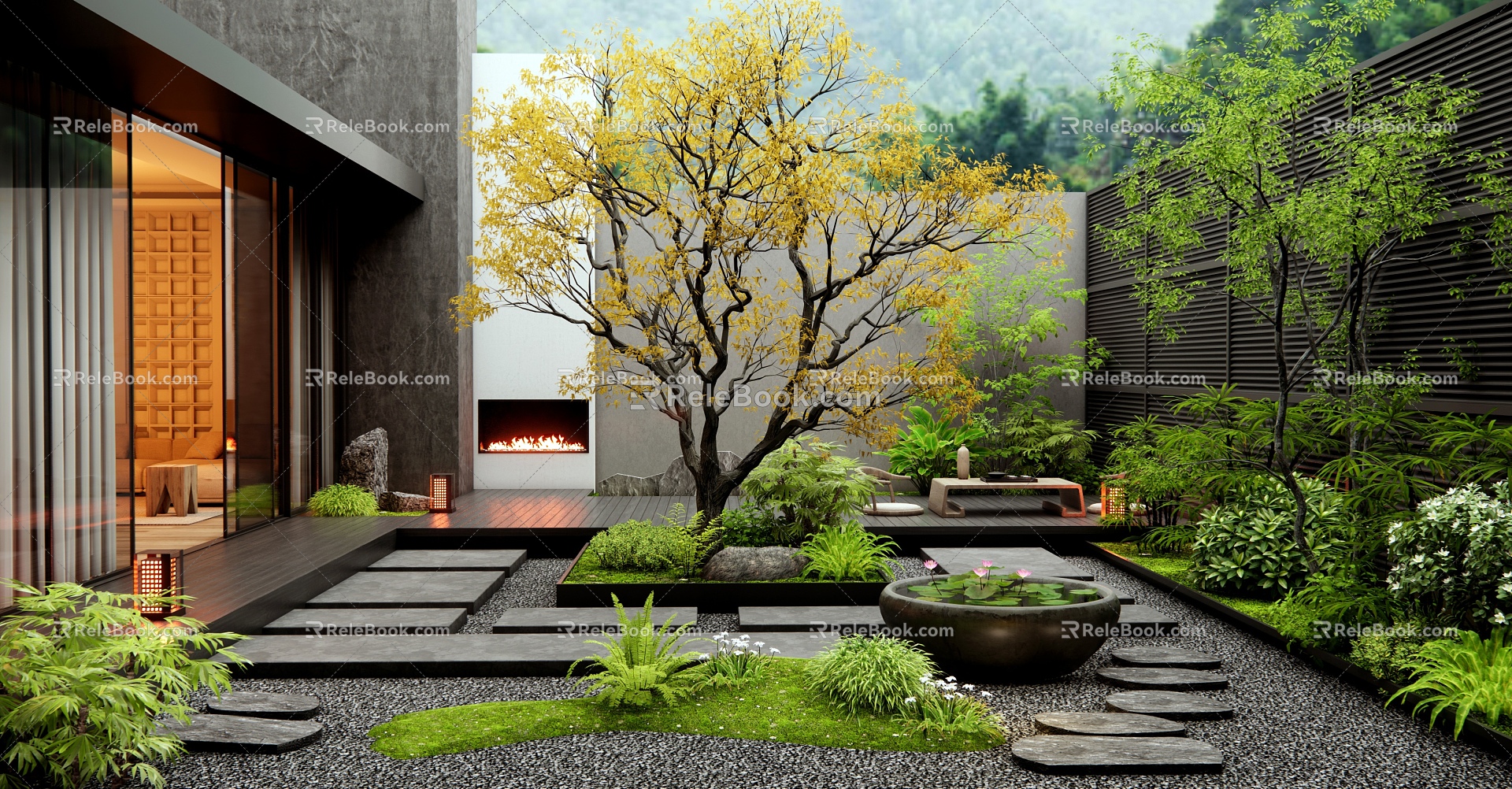 Modern Villa Courtyard Garden Plant Landscape Tingbu Water Pot Waterscape Landscape Trees Flowers and Plants Combination 3d model