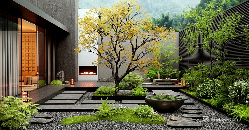 Modern Courtyard Garden Design with Yellow Leaf Tree Stone Steps Stone Basin and Green Plants 3d model 
