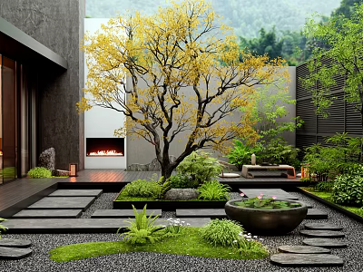 Modern Courtyard Garden Design with Yellow Leaf Tree Stone Steps Stone Basin and Green Plants 3d model