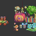 Colorful Cartoon Play Elements With Smiling Apple Train Tree Fence Flowers And Blocks