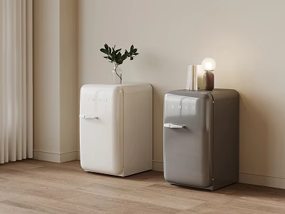 White and Gray Compact Refrigerators In Room With Plant And Decorative Items 3d model