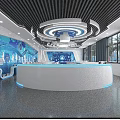 School Modern Tech Inspired Learning Space With Circular Ceiling Design And Blue Decor 3d model