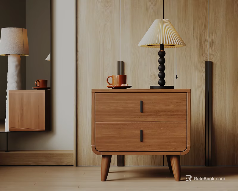 Modern Wooden Bedside Table With Two Drawers Black Handles And Beige Pleated Lamp Shade 3d model 