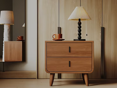 Modern Wooden Bedside Table With Two Drawers Black Handles And Beige Pleated Lamp Shade 3d model
