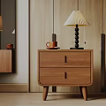 Modern Wooden Bedside Table With Two Drawers Black Handles And Beige Pleated Lamp Shade