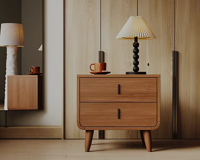 Modern Wooden Bedside Table With Two Drawers Black Handles And Beige Pleated Lamp Shade 3d model