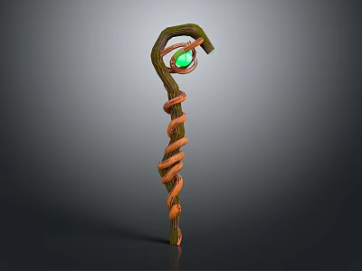Enchanted Wooden Magic Staff With Twisted Vine Design And Green Gem 3d model