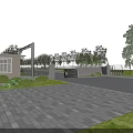 Modern Entrance Gate Design With Stone Pillars Metal Railings And Lush Trees Along Driveway