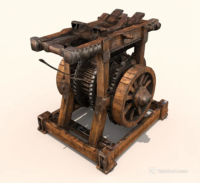Ancient Wooden Mechanical Device With Large Wheel Gears Ropes And Structural Frame 3d model 
